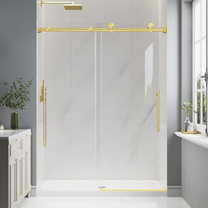Frameless Glass Shower Door, 43-48" W x 76" H Sliding Frameless Shower Door, 1/4''(6mm) SGCC Tempered Glass, Explosion-Proof Film Nano Coating, Stainless Steel Hardware, Brushed Gold