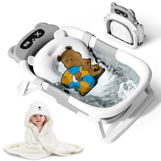 Collapsible Baby Bathtub for Newborn to Toddler (0-18 Months) - Foldable Baby Bath Tub with Soft Towel, Newborn& Infant Bathtub for Travel and Outdoor, Grey