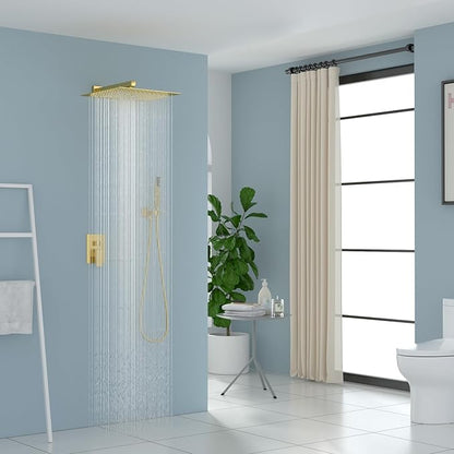 Gold Shower Faucet - Lordear 10 Inch Rain Shower System Wall Mounted Shower Head Faucet Set Stainless Steel Showerhead with Handheld Combo and Solid Brass Valve, Brushed Gold Finish