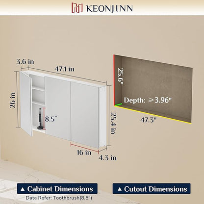 Keonjinn 48 x 26 Inch Medicine Cabinet, Assembly Required, Black Bathroom Medicine Cabinets Mirror, Lightweight, Adjustable Shelves, Surface Mount or Recessed, Tempered Glass