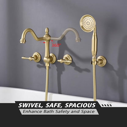 SUMERAIN Wall Mount Tub Faucet with Hand Shower, Brushed Gold Traditional Style Bathtub Faucet, Rough-in Valve Included