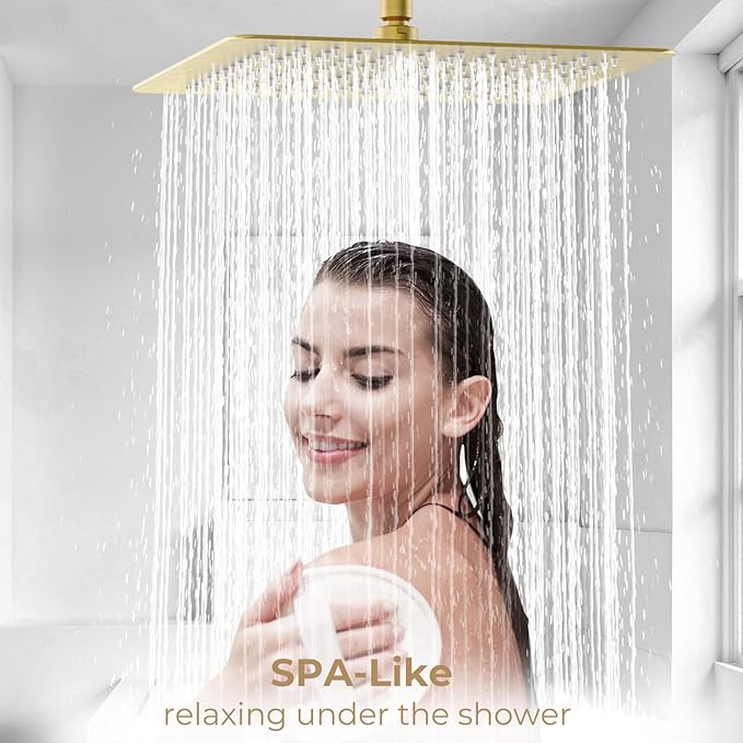 High Pressuer Square Rain Shower Head, Ultra Thin, SUS304 Stainless Steel, Universal Any Decorative Style, All Metal Rainfall Shower Head, Brushed Gold, 2.5 Gpm, 12 inch