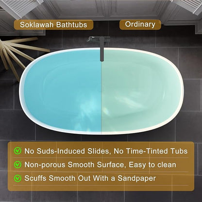 Stone Resin Freestanding Bathtubs,Soklawah 63" Solid Surface Luxury Soaking Tub,Oval Stand Alone Bathroom Bath tub with Drain & Integrated Slotted Overflow,Matte White Elegant Soaker Free Standing Tub
