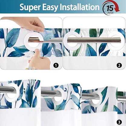 No Hook Shower Curtain and Liner Set, Blue Eucalyptus Floral Shower Curtains for Bathroom, Bath Curtain Sets with Snap in Liner, Waterproof with See Through Top Window, 71x77 Inches
