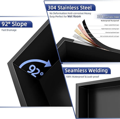 304 Stainless Steel Recessed Shelf,Over Mount Installation for Bathroom & Shower Wall,Waterproof (Black, 24 X 12 X 4 Inches)