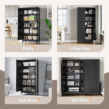 Yizosh Metal Pantry Cabinet,- 72" Black Kitchen Pantry Storage Cabinet with Doos and Adjustable Shelves for Kitchen, Living Room,Dining Room,Home