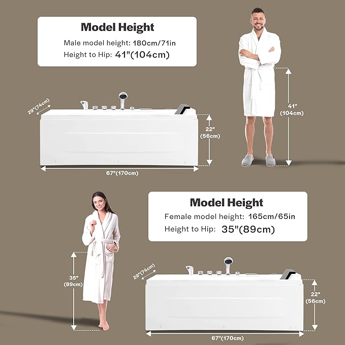 Empava Whirlpool Bathtub, 67-Inch Jetted Bathtub, Hydro Massage with 9 Water Jets & 8 Air Jets with Chromotherapy, Waterfall – LED Control Panel, ETL-Certified