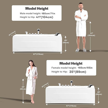 Empava Whirlpool Bathtub, 67-Inch Jetted Bathtub, Hydro Massage with 9 Water Jets & 8 Air Jets with Chromotherapy, Waterfall – LED Control Panel, ETL-Certified