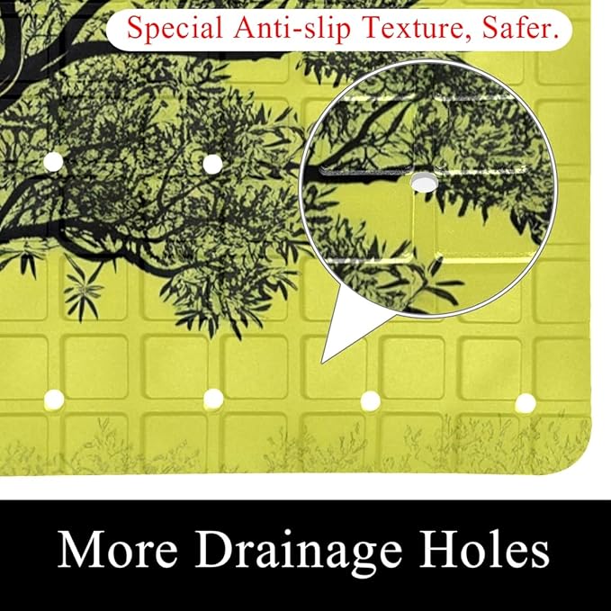 Bath Tub and Shower Mats, Non Slip Bathmat with Drain Holes and Suction Cups for Bathroom Floor, 15.1 x 26.8 Inch (Art Tree Black Silhouette)