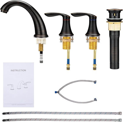 Bathroom Sink Faucet, Faucet for Bathroom Sink, Widespread ORB Bathroom Faucet 3 Hole with Stainless Steel Pop Up Drain and cUPC Lead-Free Hose-(Oil Rubbed Bronze)