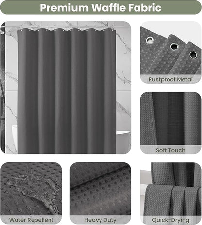 Inhousolu Fabric Shower Curtain Waffle Weave, Graphite Grey 230 GSM Heavy Duty, Weighted Hem, 14 Metal Hooks, Water Repellent, Machine Washable, Hotel Spa Luxury Bath Curtain Set, 72 x 72 Inch