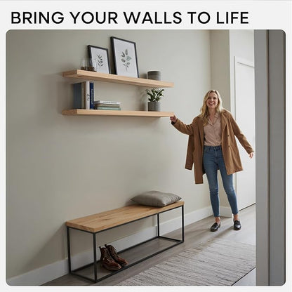 Homeforia 60 inch Natural Floating Shelf, High End Solid Real Wood 60inch Small Floating Shelves for Wall Mounted, Natural Wooden Floating Shelves, Heavy Duty Bracket, 60 X 6.5 X 1.75 in, Set of 2