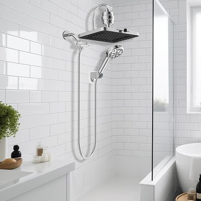 Hibbent Upgraded 5-spray 13'' Dual Filtered Rainfall Shower Head Combo, High Pressure 10-setting Handheld Shower Head with 12'' Adjustable Extension Arm, 20 Stage Shower Filter, 71'' Hose, Chrome