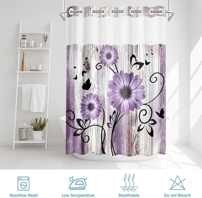 No Hook Purple Flower Shower Curtain with Snap in Fabric Liner Set, Rustic Farmhouse Daisy Double Layers Waterproof Fabric with See Through Top Window Open Grommet Bath Curtain 71x74 Inch