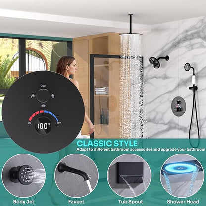 Temperature Display Shower Valve 3 Way Brass Rough-in Mixer and Round Trim Kit, Triple Function Digital Shower Diverter, Black