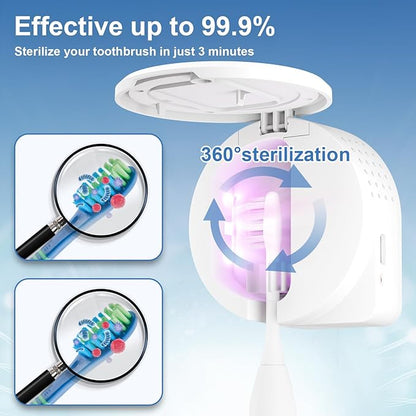 UV Toothbrush Sanitizer Holder, Toothbrush Sanitizer and Holder Cover Caps with Fan Drying, Rechargeable Portable Toothbrush Cleaner Case Fits Most Electric and Manual Toothbrushes (White)