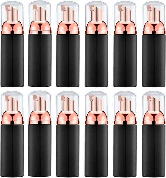 2 Oz Empty Foam Pump Bottle (12PCS) Travel Foaming Soap Dispenser for Hand Soap, Lash Shampoo Cleanser (Black&Rose Gold)