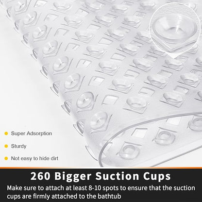 Yimobra Bathtub Mat Non Slip, Super Strong Suction Cups, 27.5"x15.5" Long Shower Mat with Drain Holes, Machine Washable Fast Draining Bath Mats, Bathroom Essentials,Clear