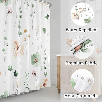 Gibelle Long Shower Curtain 72 x 78, Watercolor Floral Fabric Shower Curtain, Sage Green Beige Flower Decorative Bathroom Shower Curtain Set