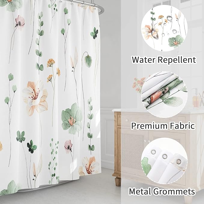 Gibelle Watercolor Floral Shower Curtain, Sage Green Beige Flower Shower Curtain for Bathroom, Modern Minimalist White Waterproof Fabric Shower Curtain Set 72x72 Inch