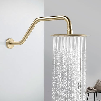 High Rise Shower Arm with Flange,15.5 Inch Gooseneck Shower Arm Extension,Stainless Steel S Shaped Shower Showerarm,Brushed Gold,9Z4MKK