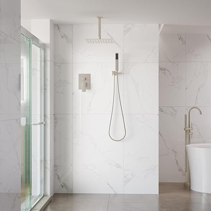 WELLFOR 12-In Ceiling Mount Shower System with Single Handle, Pressure-balanced Valve Included, Waterfall Dual Head Shower Head System, Rain Shower System, Shower Faucet Trim Kits, Brushed Nickel