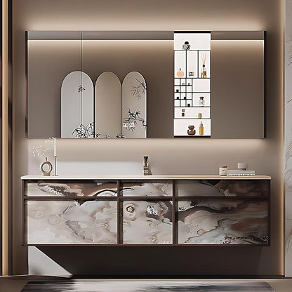 60IN Modern Bathroom Vanity with Sink - Bathroom Vanity with 2 Drawer Organizer, LED Mirror Lights & Defogging Function | Wall - Mounted Vanity with Silver Sink Faucet