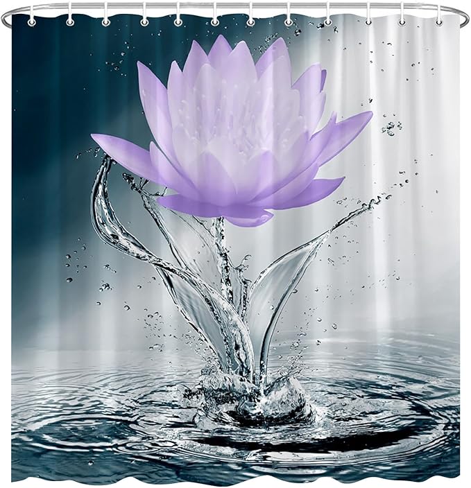 Lotus Shower Curtain Black White Blue Violet Flower Elegant Blooming Floral with Dew Spring Flower Reflection on Water Modern Romantic Polyester Fabric Bathroom Decor 86×70 Inch with Hook