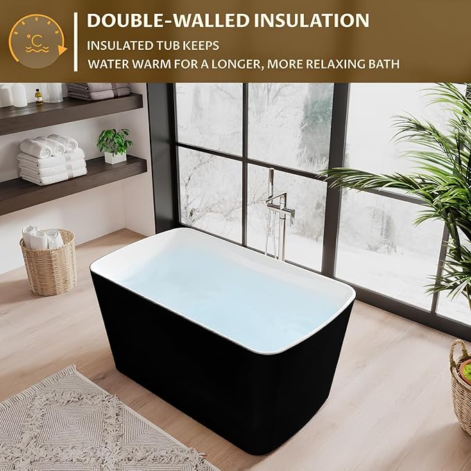 49" Acrylic Freestanding Bathtub, Soaking Tub with Seat, Toe-Tap Drain, Slotted Overflow, Deep Ergonomic Design, cUPC Certified, Black