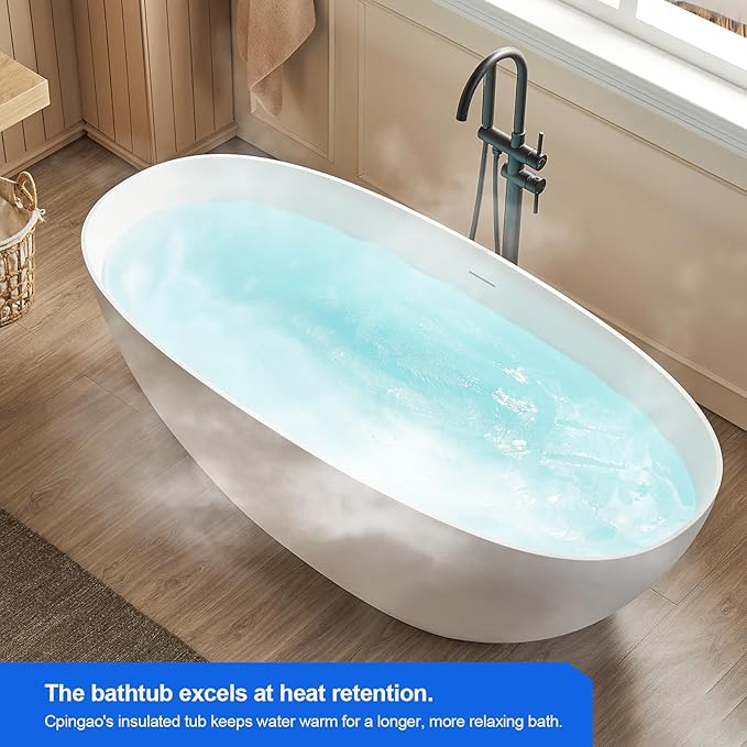 Cpingao 59" Stone Resin Freestanding Bathtub, Elegant Oval Shape Soaking Tub, Solid Surface Stand Alone Bathtub with Drain & Integrated Slotted Overflow Matte White 8845-1500