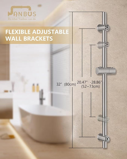 Brushed Nickel Shower Slide Bar 32 Inch with Height/Angle Adjustable Handheld Shower head Holder, Bathroom SUS 304 Stainless Steel Wall-Mounted for Bath