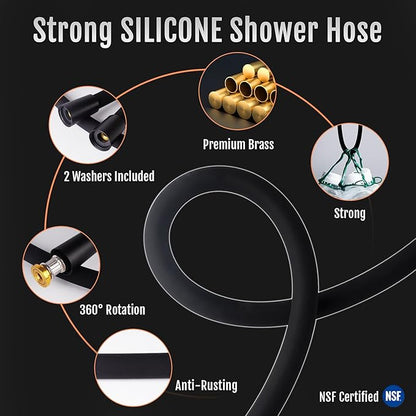 Shower Hose, Food Grade Silicone Shower Head Hose, Kink-Free Handheld Shower Hose Extension, Rv Shower Hose Replacement with Premium Brass Material for Cleaning Pet, Bidet, 60 Inches, Black