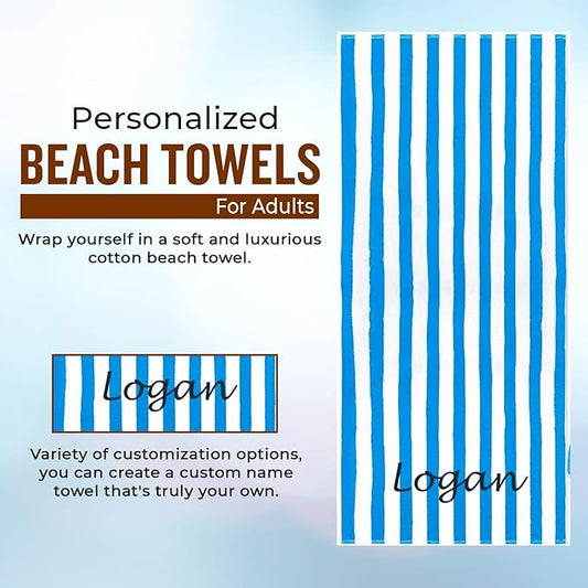Personalized Passion Beach Towels for Adults - Custom Pool Towels with Name - Highly Absorbent Cotton - Striped Design for Women & Men - Large 70x30 Bath Sheet for Hotel, Swim & Camping - Blue