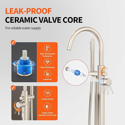 Freestanding Bathtub Faucet Waterfall Tub Filler Brushed Nickel Floor Mount Brass Single Handle Bathroom Faucets with Hand Shower (Brushed Nickel, The bottom of the water)