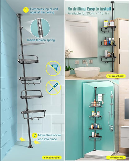 4 Layer Corner Shower Caddy, Stainless Steel Constant Tension Pole Shower Organizer, Adjustable Corner Shower Shelf, Rustproof 3.3 to 9.8 ft