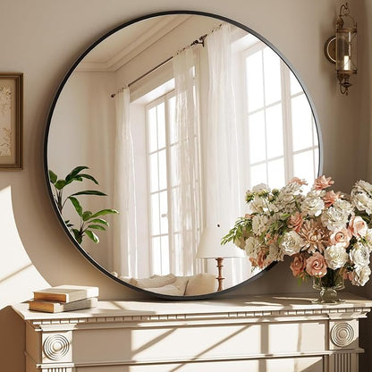 40 Inch Round Mirror - Circle Mirrors for Bathroom, Entryway and Living Room Wall Decor, Modern Hanging Vanity Mirror, Matte Black Circle Decorative Wall Mirror