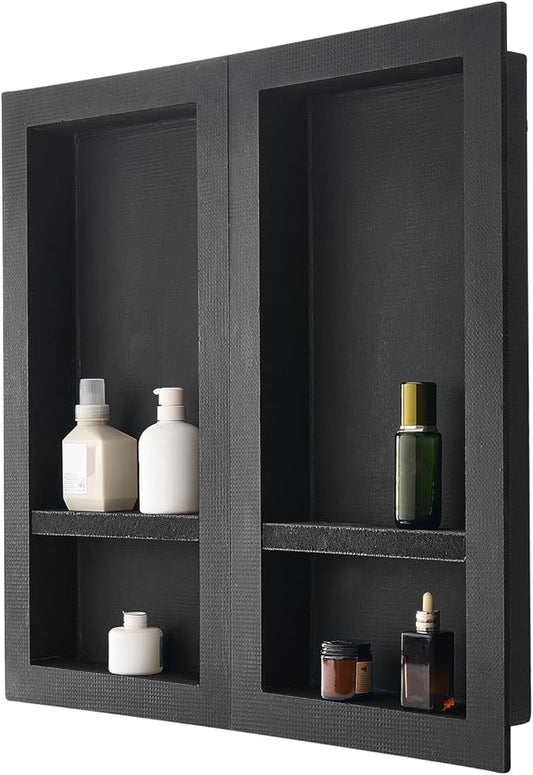 VEVOR Shower Niche, 16 x 32 inch + 16 x 32 inch Recessed Wall Niche with Movable Shelf, 4 inch Thick Modern Soap&Shampoo Storage Organizer,Square Corners,Sealed Waterproof,Black for Bathroom Shower