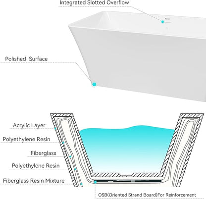 FerdY Sentosa 59" Acrylic Freestanding Bathtub, Contemporary Design Soaking Tub with Polished White Drain and Minimalist Linear Design Overflow, Easy to Install