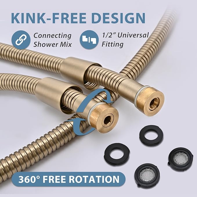 59 Inches Shower Hose Replacement Gold 304 Stainless Steel Handheld Shower Head Hoses Flexible ＆smooth Rv Shower Hose Extra Long 5ft High Pressure Bidet Hoses Brushed Gold