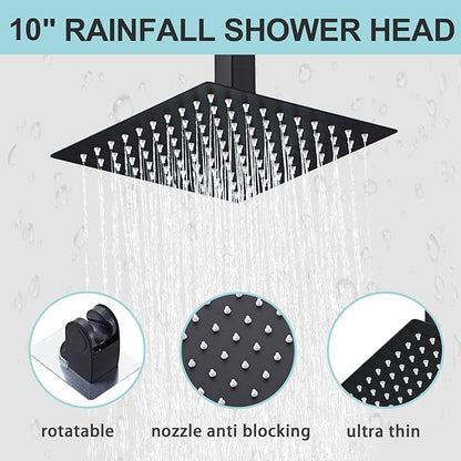 10 Inch Shower Faucet Set Ceiling Mount, High Pressure Rainfall Shower System, Square Rain Shower Spray Combo Luxury Shower Fixtures Matte Black