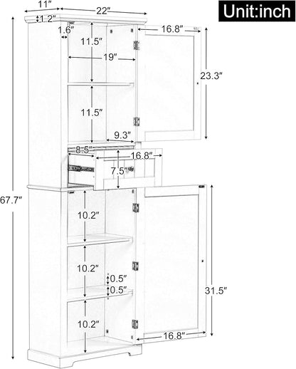 Favfurish 68" Tall Bathroom Storage Cabinet with Doors and Drawer,Modern Linen Cabinets w/Adjustable Shelf and Anti-Toppling Device,Freestanding Organizer for Bath Room,Study,Office,Kitchen White