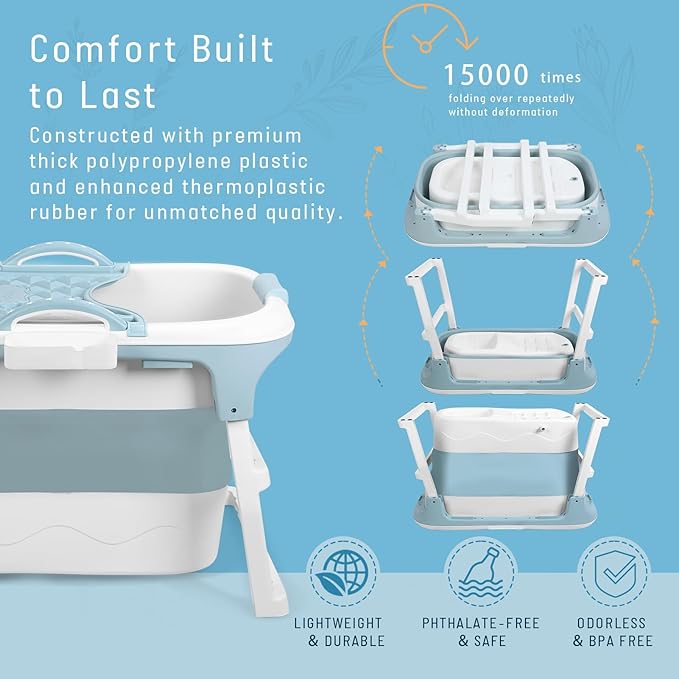 Portable Bathtub Foldable Bathtub for Adults, 39 Inch Small Tub with Ergonomic Seat & Massage Roller, Ice Bath Tub for Shower, Sitz Bath, Ice Baths Freestanding Bathtubs for Bathroom Blue