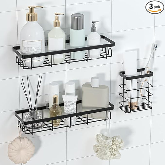 Shower Caddy Organizer with Hooks,Self Adhesive Bathroom Shelves,Shower Shelves,No Drilling Bathroom Organizers and Storage,Perfect for RV, Apartment, Home Decor,3 Pack Black