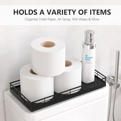 Toilet Paper Basket Organizer – Oak Wood Toilet Tank Tray with Metal Frame, Back of Tank or Top Bathroom Counter Storage – Black Modern Decor