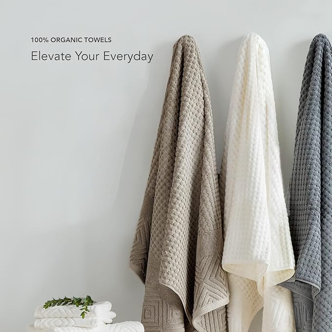 Texere 100% Organic Cotton Diamond Jacquard 700 GSM Luxury Bath Towel Sets, Soft and Absorbent Hotel Quality, Bath Towels, Hand Towels, Washcloths (Diamond, Bright White, 6 Piece)