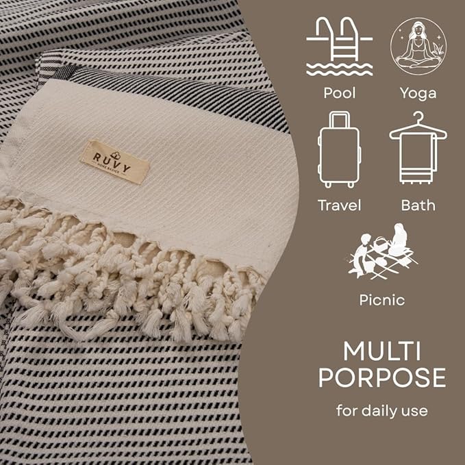Ruvy Home Basics 2 Pack Turkish Beach Towels – Oversized Quick-Dry Bath Towels (40 x 72 Inches) – 100% Cotton Large Towels for Pool, Yoga, Travel, Camping Essentials, and Bathroom Decor - Black