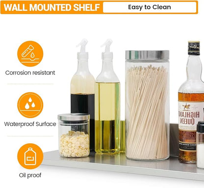 Stainless Steel Wall Shelf 8.6"x24" 60LB, 2 Packs L-Shaped Commercial Wall Mount Floating Shelving for Kitchen, Restaurant, Home