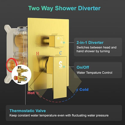 SR SUN RISE 12 Inch Brushed Gold Shower Faucet Set, Wall-Mount Adjustable 16-Inch Slide Bar with Square Hand Shower System Included Valve and Trim Kit