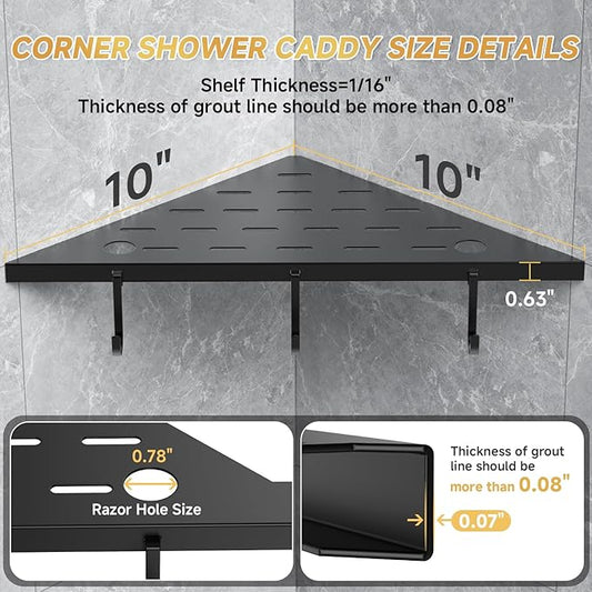 Corner Shower Shelf 10" Matte Black 304 Stainless Steel Recessed Shelf for Bathroom，Shower Corner Rack with Razor Hole Hook，Grout in Shelf for Tiled Wall, 2 Pack