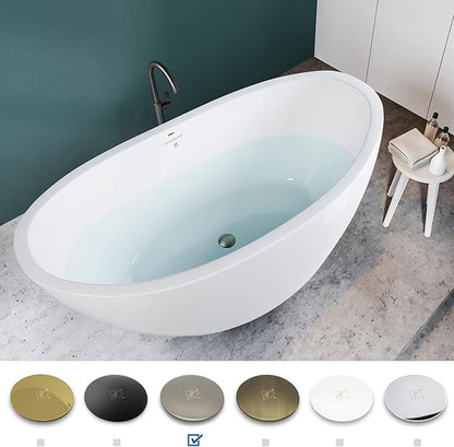 FerdY Naha 59" Acrylic Freestanding Bathtub, Curve Edge Freestanding Soaking Bathtub, Glossy White, cUPC Certified, Brushed Nickel Drain & Minimalist Linear Design Overflow Included, 02588